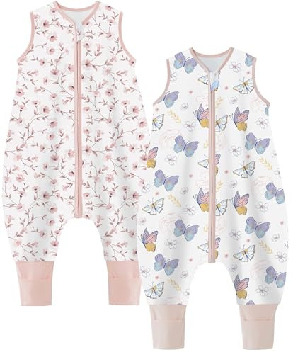 Teechodina Baby Schlafsack mit Füßen 2er Pack 100% Baumwolle 1.5 Tog Kinder Ganzjahres Schlafsack mit Beinen für Jungen Mädchen, 1.5 Tog/Kirschblüte + Schmetterling, 80cm/Baby Höhe 90-100cm