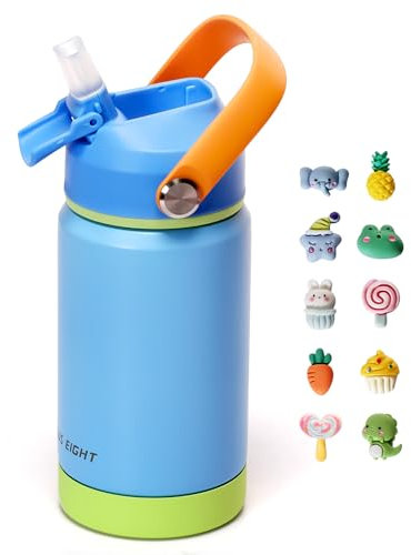 pluseight Kids Insulated Water Bottle with Straw Lid, 350ml BPA-Free Double Wall Vacuum Tumbler 18/8 Stainless Steel Leak Proof Kids Cups with Straw for School Travel Boys Girls (Blue)