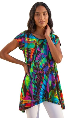 Roman Originals Hanky Hem Tunic Top for Women UK - Ladies Longline Blouse Asymmetric Hemline Short Sleeves Casual Slouch Loose Summer Spring Relaxed Comfortable - Noir - Size 10