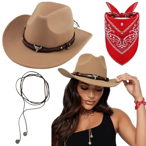 PEZPEOR 3 Stück Cowboy Outfit Accessories für Damen Herren Westernhut Bohemian-Stil Chocker Paisley Bandana Western Cowboyhut Outfits Zubehör Kit für Halloween Karneval Maskeraden Partys