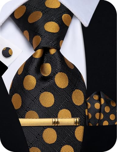 YourTies Black Gold Tie for Men Polka Dot Silk Necktie Pocket Square Cufflink Tie Clip Set Wedding Party Business Formal