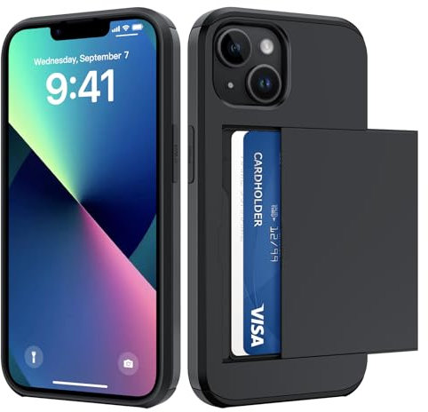 ÁRBOLORO Coque pour iPhone 13 avec Porte Cartes, Étui Portefeuille Housse Fente Carte Militaire Antichoc Anti Rayures Fente Cachée Coulissante Case pour 2 Cartes, Noir