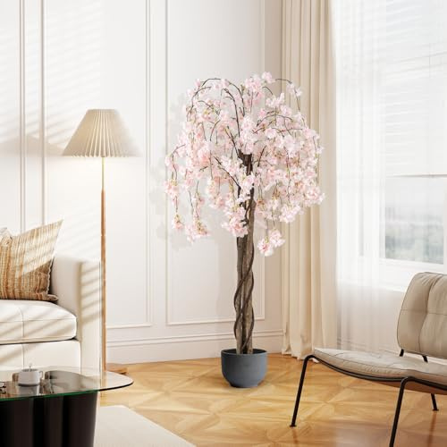 GIANTEX Künstlicher Kirschblütenbaum 163 cm, Dekorative Kunstpflanze mit Echtem Holzstamm, Mit Zement Gefülltem Topf, Zimmerpflanze im Topf für Wohnzimmer, Büro & Tisch (Bianco)
