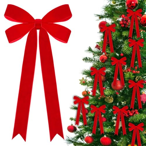 16Pcs Red Velvet Bows for Christmas Tree Decorations, 5.1in x11in Christmas Ribbon Bows Vintage Xmas Decor for Tree Home Party Front Door Wreath Indoor Outdoor Holiday Decor（Red）