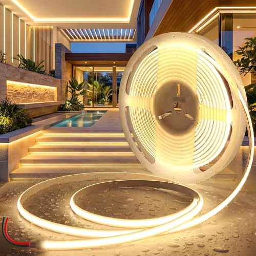 BRIMETI COB LED Streifen 5M 12V LED Strip Warmweiß 3000K Wasserdicht IP65 Selbstklebend Leiste Aussen Band Schlauch Lichtleiste 180LEDS/M Outdoor Lichterschlauch für Küche Wohnzimmer (Ohne Netzteil)