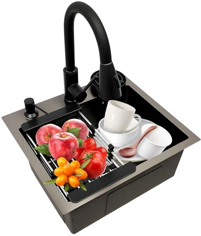 Lavello da cucina con rubinetto estraibile in acciaio inox, lavello da cucina nero con dispenser di sapone, cestello filtrante e risciacquo per tazze, tubo di scarico 45 x 40 cm