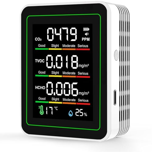 QingRain 5-in-1 Indoor Air Quality Monitor, CO2 Monitor Portable CO2 Monitor with Formaldehyde TVOC Tester, Temperature Humidity Detector-Professional Clean Air Meter for Confined Space (White)
