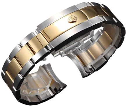 ROUREOX Edelstahl Armband Rundanstoß, 20mm 21mm Gebogenes Metallband, Massiv Ersatzband Faltschließe für Rolex Submariner-Silber + Gold 21mm