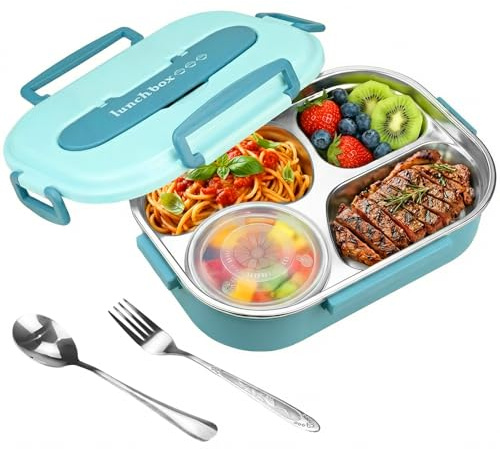 XunHe Lunchbox aus 304 Edelstahl mit 4 Fächern – 1500 ml Bento Box mit Gabel und Löffel & Dessertbecher für Erwachsene, Brotdose, Snackbox, Frühstücksbox für Büro Schule Camping