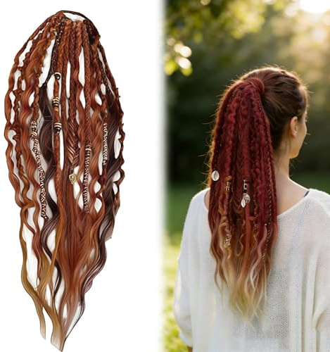 Zueyen Dreadlocks Pferdeschwanz 55cm, Ponytail Extensions Zopf Extension mit Elastischem Band, Boho Dread Haargummi Handgefertigt mit Perlen & Muscheln für Damen Herren (Rot)
