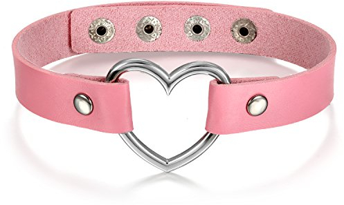 JewelryWe Schmuck Damen Choker Halsband Halskette, Leder Legierung 33-40cm Erstellbare Punk Lolita Herz Collier Kette, Rosa Silber