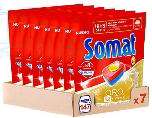 Somat Oro Cápsulas Detergente Pastillas Lavavajillas 18 + 3 Dosis - Paquete de 7, Total: 147 Cápsulas