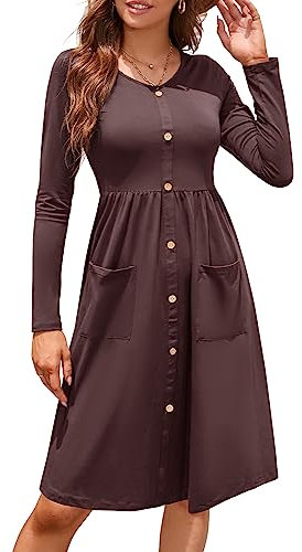 OUGES Women's Long Sleeve Dress V Neck Casual Button Down Midi Ladies Dresses with Pockets(Coffee325,M)