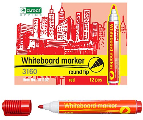 D.RECT 3160 Whiteboard Marker für Whiteboards und Flipcharts, abwischbar Glasboard Marker Rundspitze Blau x 12 Stück