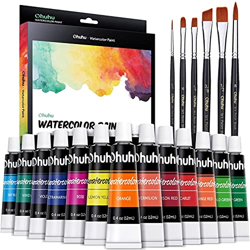 Lot de 30 peintures pour aquarelle, Ohuhu 24 couleurs × 12ml peintures pour aquarelle solubles dans l'eau avec 6 pinceaux - Non-toxique à séchage rapide riche en pigments pour les débutants