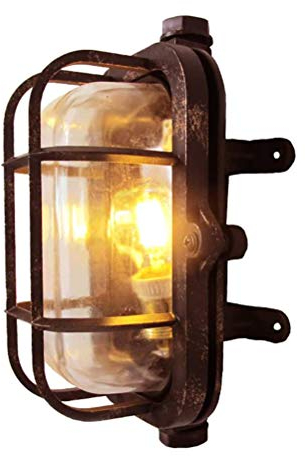 OOWOKS E27 Rustikale Wandlampe, Retro Industrial Wandleuchte, Ovale Schiffsleuchten aus Aluminium, Glas Lampenschirm, für Innen und Außen Schlafzimmer Wohnzimmer Badezimmer Treppen, Rostfarbe