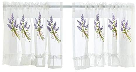 ACMHNC Scheibengardine 2er Set Stickerei Blumen Voile Bistrogardine Natürliche Landhausstil Transparent Küchengardine Küchenschrank Vorhang Kurzen Vorhang,Lavendel,W x H 90x45cm
