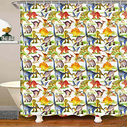 Loussiesd Kinder Dinosaurier Duschvorhang 180x200cm Karikatur Dino Badewanne Badvorhang Dinosaurier Jungen Wasserdicht Microfaser Duschvorhang für Mädchen mit 12 Duschvorhangringen, Waschbar