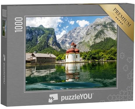 puzzleYOU: Puzzle 1000 Teile „Blick vom Königssee auf Kirche St. Bartholomäus, Bayern“ – aus der Puzzle-Kollektion Seen, Burgen, Bayern, Bergseen, Königssee, Flüsse & Seen, Bayerische Alpen