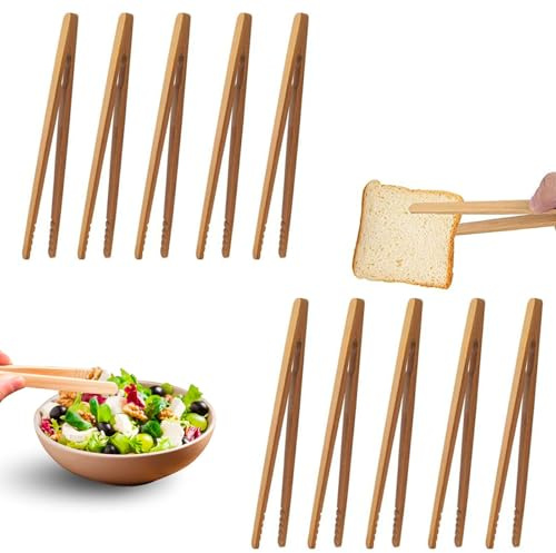 FENGHUANG 10 Stücke Bambus Zange Küchenzange 18 cm | Mini-Holz-Kochzange mit rutschfestem Design Wiederverwendbare klassische Bambus-Toastzange Hot Pot Zubehör zum Kochen