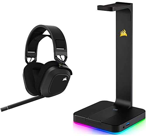 Corsair HS80 RGB Wireless Premium-Gaming-Headset mit Dolby Atmos (18 m Reichweite) Carbon & ST100 Premium Kopfhörer-Ständer (2X USB 3.1, Aluminium, 7.1 Dolby Audio Ausgang) schwarz