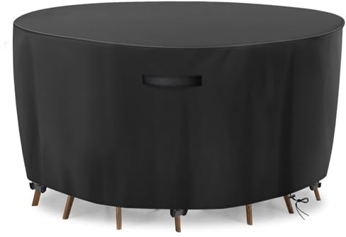 GARPROVM Outdoor Table Covers Waterproof, Round Garden Table Cover Oxford Fabric with Handle Buckle Drawstring, Garden Furniture Cover Round Windproof & Anti-UV (Ø190x71cm, Black)
