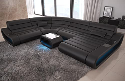 Sofa Dreams Wohnlandschaft Concept XXL U Form Ledersofa - mit LED & USB, ergonomische Rückenlehnen, Recamiere (Ottomane rechts, Black)