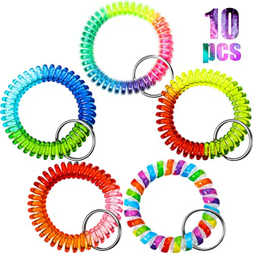 10 Stück bunte Federhandgelenkspule Schlüsselanhänger Regenbogen Spiralspule Armband Stretch Schlüsselanhänger Schlüsselanhänger für Fitnessstudio, Pool, Ausweis, mehrfarbig, M