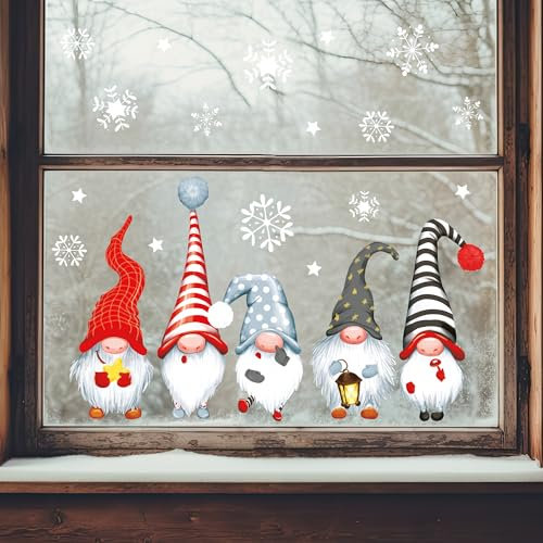 Wandtattoo Loft Fensterbilder Weihnachten mit 5 Wichteln und Schneeflocken – Wiederverwendbar – A3 Bogen, 38 Sticker – Weihnachstdeko Fenster Kinderzimmer, Weihnachtsbilder Fenster, Fensterbild Winter