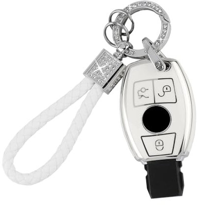 PIFOOG TPU-Schlüsselanhänger mit glitzerndem Schlüsselanhänger, schlüssellose Zugangsschlüssel, Tastenschutzhüllen, Weiß / Silber, weiß / silberfarben, For Benz-A