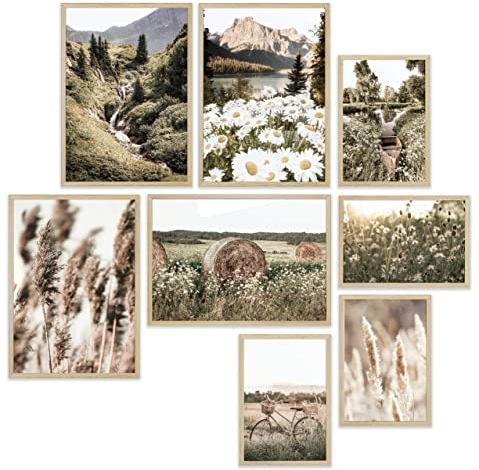 Heimlich® Premium Poster Set mit Bilderrahmen Holz Eiche | 4 x DIN A3 & 4 x DIN A4 - ca. 30x42 & 21x30 | Stilvolle Poster Collagen mit modernen Bilder als Wanddeko |» Pampasgras im Frühling «
