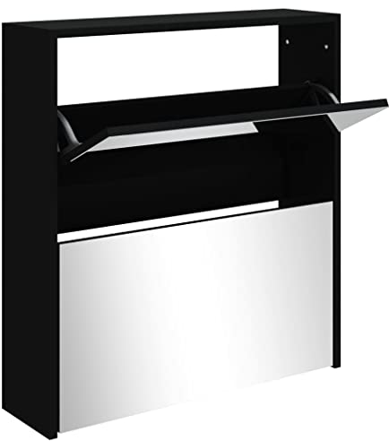 vidaXL Schuhschrank mit Spiegel 2 Fächer Schuhablage Schuhregal Schuhständer Schuhaufbewahrung Schuhkipper Schuhkommode Schwarz 63x17x67cm