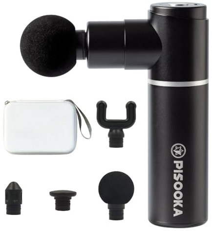 PISOOKA X Ultraleichte Massagepistole Mini 0,35kg Leise Muskel Massagegerät 66W 9mm Amplitude 1600–3200RPM USB-C 2h Akku 4 Stufen 4 Aufsätze für Rücken Nacken Schulter Beine Büro Sport (Schwarz)