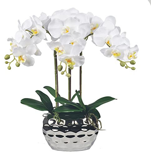 W&W Artificial Orchid Plants & Flowers Arrangement in Ceramic Pot, Fake Faux White Orchid with Silver Vase, Faux Orchids for Home Decor Indoor