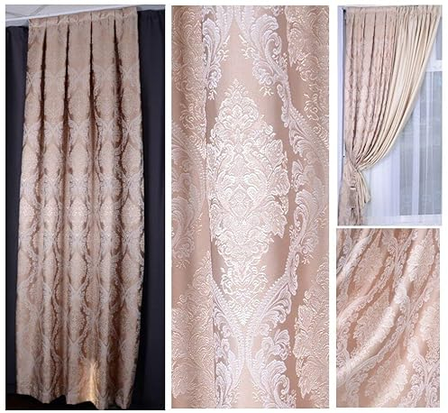 2x Set Luxus fertig Vorhänge Gardine nach Maß Jacquard 3D Textur klassisch Barock Medaillon Beige Gold Weiß Wohnzimmer Schlafzimmer Haus Wohnung Villa 140 cm breit 140 - 300 cm Lang (240 x 140 cm)