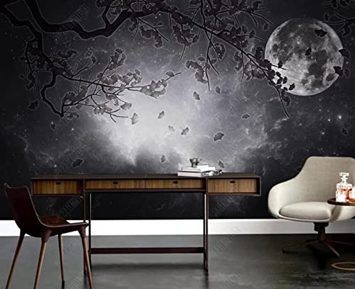 3D Mural Wallpaper Black and Grey Starry Sky Flowers and Birds 3D Murals Wallpaper for Bedroom and Living Room Wall Decoration