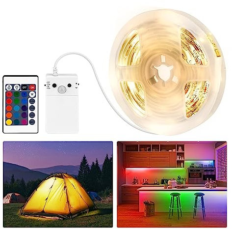 LED Strip Lights Battery Powered,2M RGB&Warm White Dimmable Under Cabinet Lights with Remote,Motion Activated LED Closet Light,Upgraded Night Lights for Camping Bedroom,Kitchen,Wardrobe,Stairs