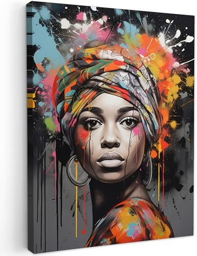 MuchoWow© Impression sur Toile Photo Peinture 50x70 cm Tableau Decoration Murale Chambre Salon Maison Deco Cuisine Femme - Foulard - Graffiti - Noir