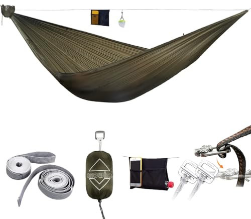 Onewind Ultralight Hammock with Ultralight Tree Straps Adjustable Ridgeline, Portable Camping Hammock 20D Ripstop Nylon Outdoor Hammock for Camping Hiking Backpacking, OD Green