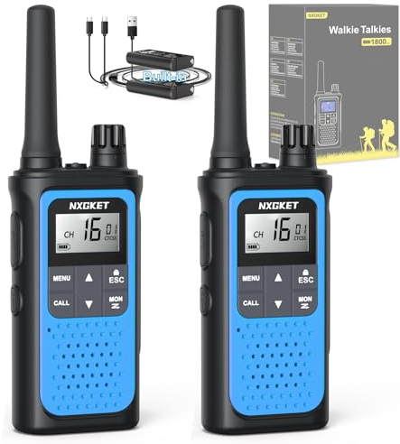 NXGKET Walkie Talkie Profesional Recargable,PMR 446 Sin Licencia Radiocomunicación,Largo Alcance con 1800mAh Batería Incorporada,16 Canales Radio LCD Pantalla para Camping,2pcs