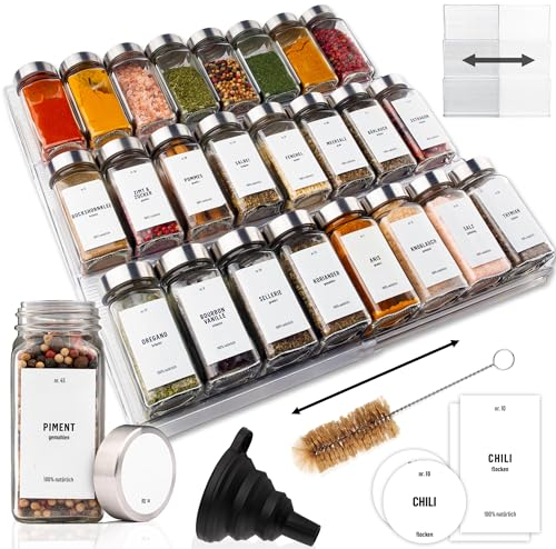 Deco haus® Gewürzregal Schublade [MIT 24 GEWÜRZGLÄSER & ETIKETTEN] - Gewürze Organizer - Gewürzeinsatz Schublade - Gewürzschublade Organizer mit Gläser - Schubladeneinsatz Gewürze