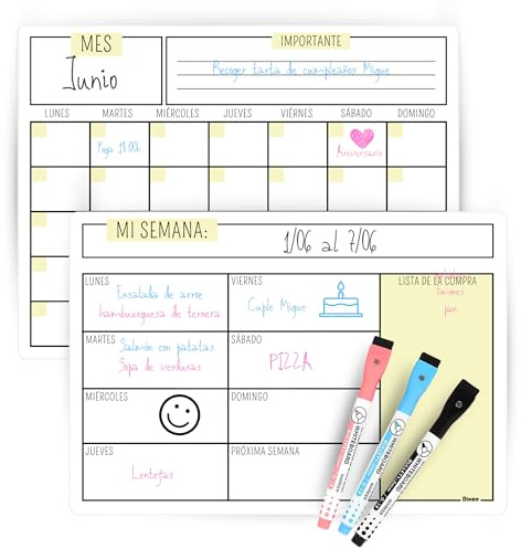 BIXEA - Calendario Magnetico y Pizarra Para Nevera - 2 X A4-5 PCS - Planificador Mensual Semanal