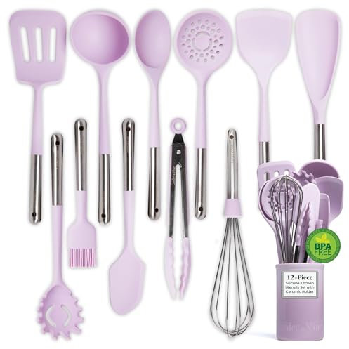 Larder & Vine 12pc Silicone Kitchen Utensils with Stainless Steel Handles, Lavender (Utensil Set, Kitchen-Tool-Sets)