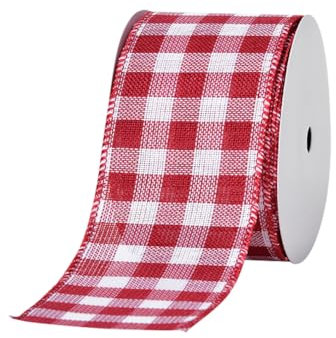 FSSTUD Dekoband mit Drahtrand, 9 m, 6,3 cm, kariert, dekorativ, kariert, Bauernhaus-Bastelband, Juteband, Weihnachtsbaumband, Party-Bänder, Rot und Weiß