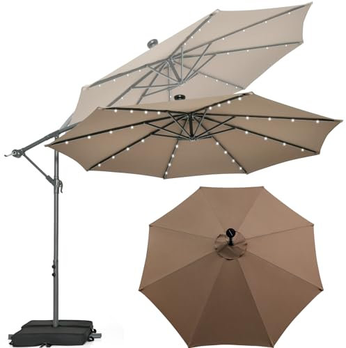 KOMFOTTEU Sombrilla 3x3m de Jardín con 40 Luces LED Solares, Parasol Inclinable con Base Saco de Arena, Sombrilla Terreza Exterior con Protección UV, Sombrilla Grande para Patio, Piscina (Marrón)