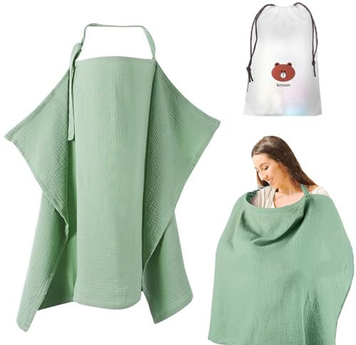 Nursing Cover Muslin Baby Breast Feeding Covers Infant Stroller Cover Soft 360° Coverage Breastfeeding Breathable Lightweight Apron for Privacy Shield - KAMHBE (Green)