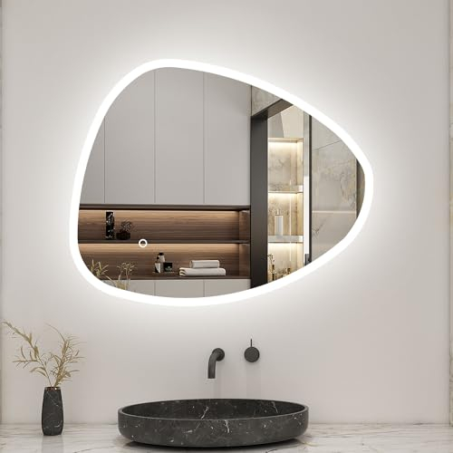 Biubiubath LED Badspiegel 80x55cm Spezial Rund Wand/Touchschalter Anti-Beschlag 3 Lichfarbe Kalt/Neutral/Warmweiß Dimmbar Badspiegel mit Beleuchtung Badezimmerspiegel Lichtspiegel IP44