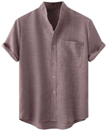 seiveini Chemise en Lin Homme Manches Courtes Hippie Chemisier Henley Été Hawaienne Léger Respirable Casual Plage A Violet XL