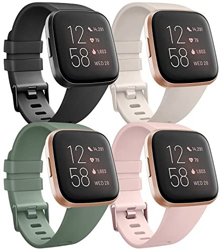 Mugust 4PACK Correas para Fitbit Versa 2 Mujer Hombre,Correas Silicona Pulseras de Repuesto para Fitbit Versa/Versa 2/Versa Lite/Versa SE(S,Negro/Starlight/Rosa/Verde)