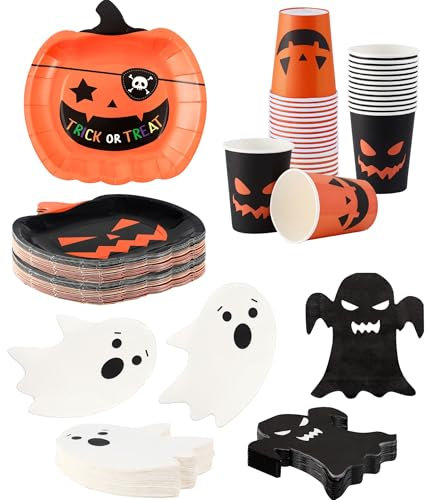 Halloween Plates and Napkins Party Supplies - Serves 24 - Pumpkin Plates and Cups Halloween Napkins for Halloween Birthday Decorations Kids Paper Plates Halloween dinnerware set